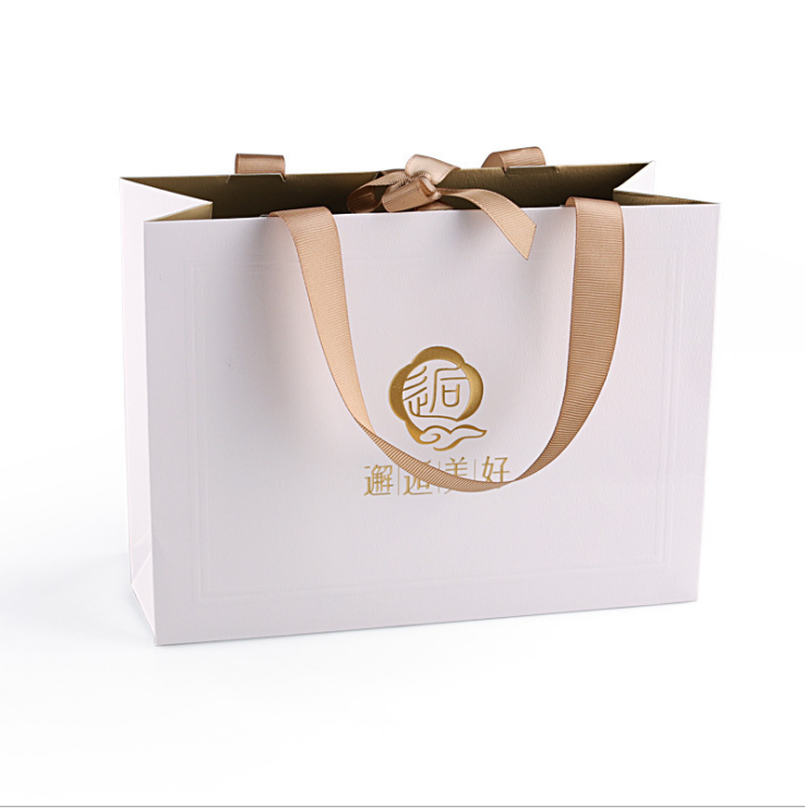 Custom Luxury Ribbon Handle White Cardboard Shopping Packaging paperBag