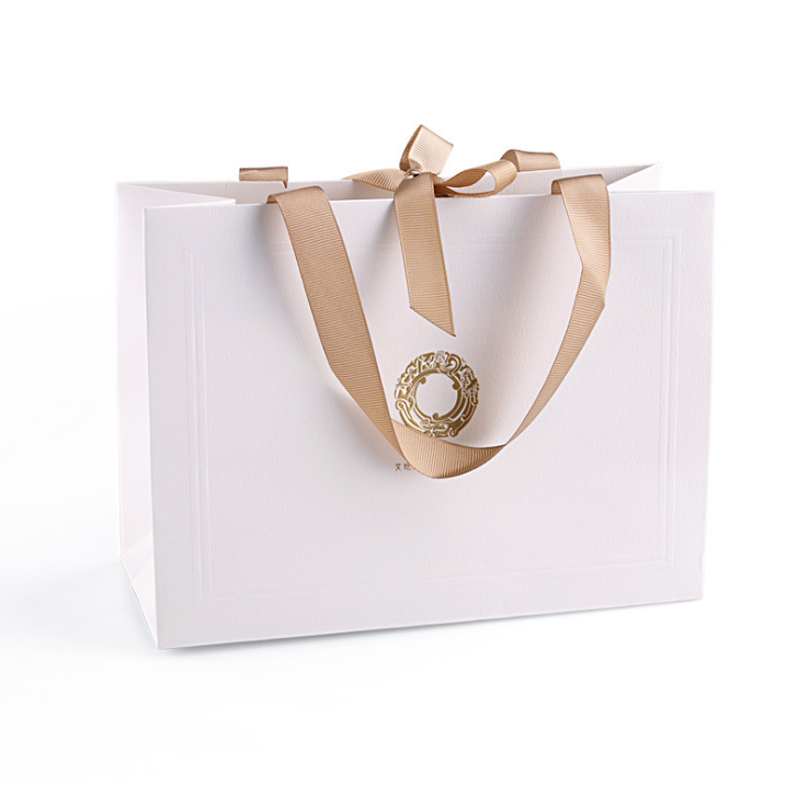 Custom Luxury Ribbon Handle White Cardboard Shopping Packaging paperBag